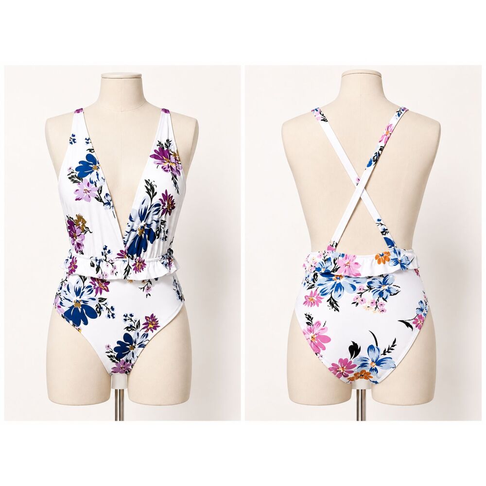Cupshe Floral One Piece Swimsuit Large Deep V Neck Cross Back Ruffle Waist